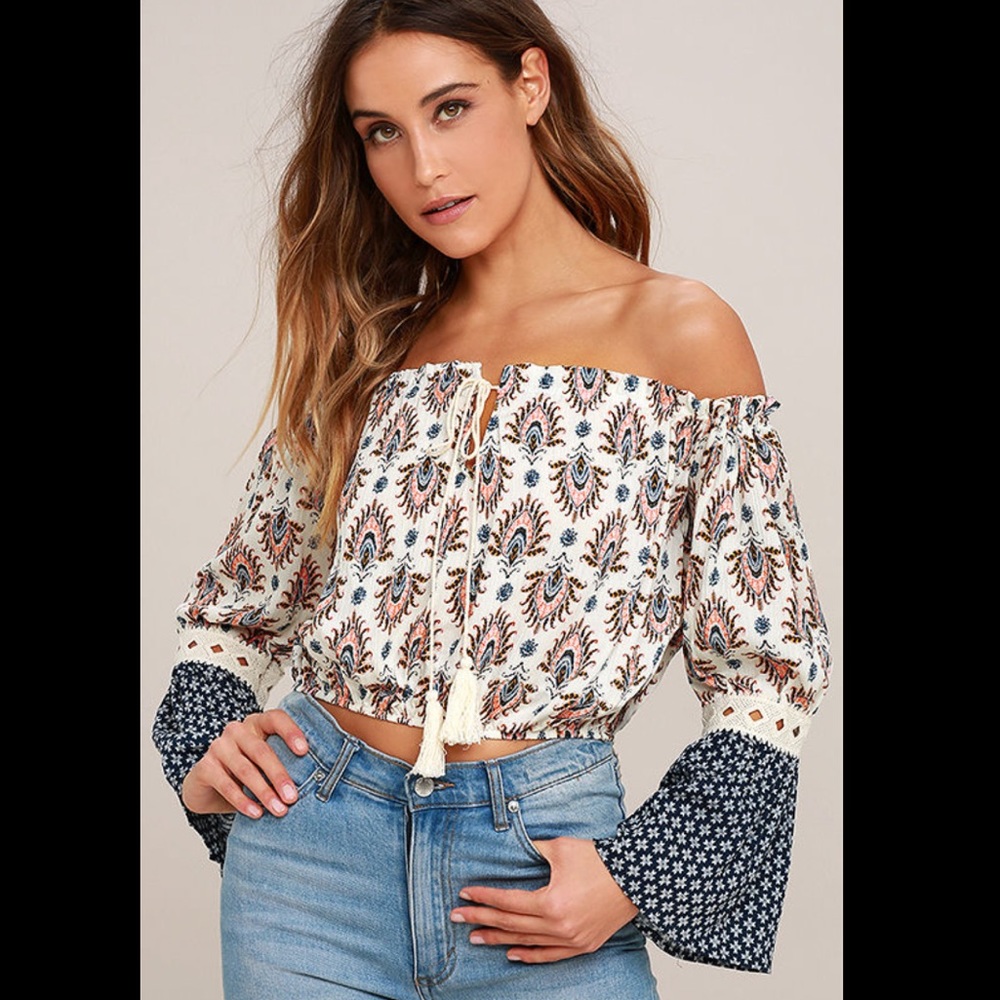 Boho Off-Shoulder Printed Crop Top - White Multi